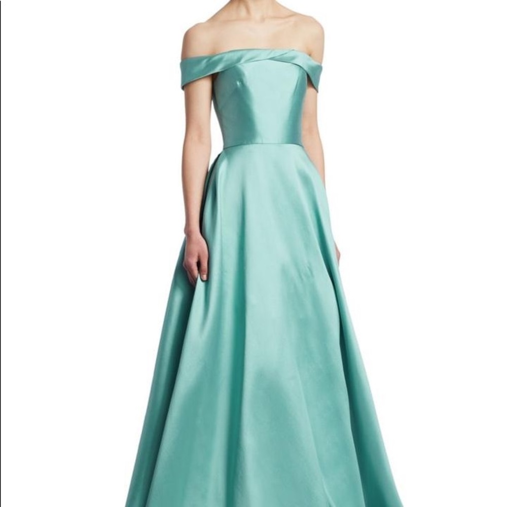 Monique Lhuillier Aqua Off-the-shoulder Ball Gown